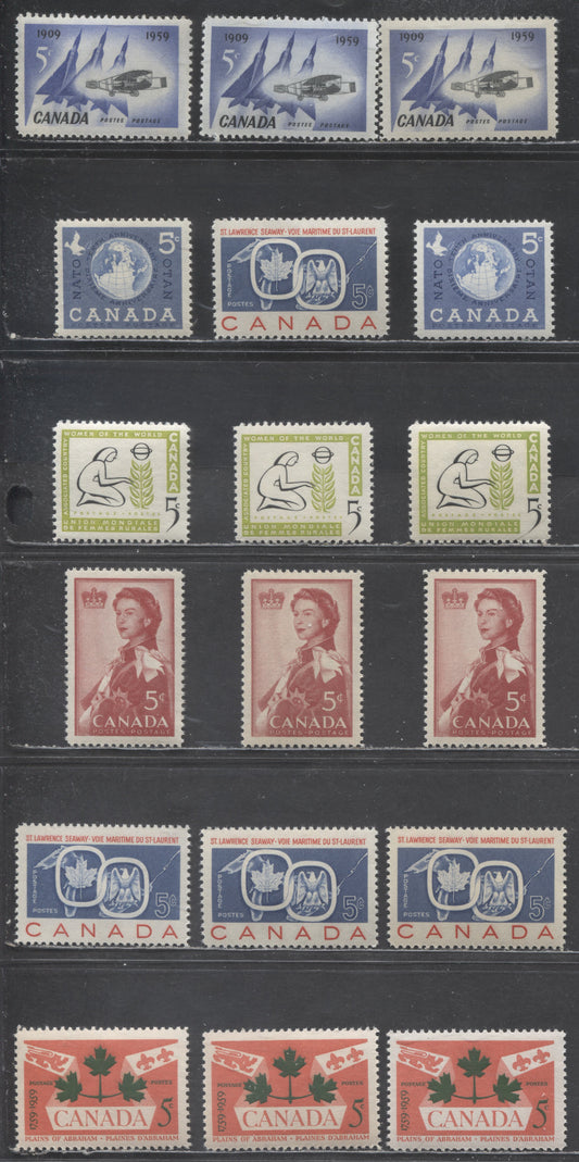 Lot 427 Canada #383-388 5c Various Colours Various Subjects, 1959 Silver Dart - Plains of Abraham Issues, 18 VFNH Singles,Smooth Paper, Ribbed On Back, Streaky And Smooth Cream  Semi-Gloss Gum Slightly Different Shades