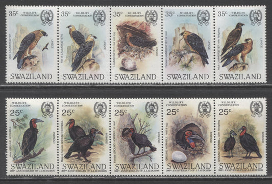 Lot 5 Swaziland SC#427/475 1983-1985 Wildlife Conservation & Audubon Birth Centenary Issues, 2 VFOG & NH Strips Of 5, Click on Listing to See ALL Pictures, Estimated Value $28