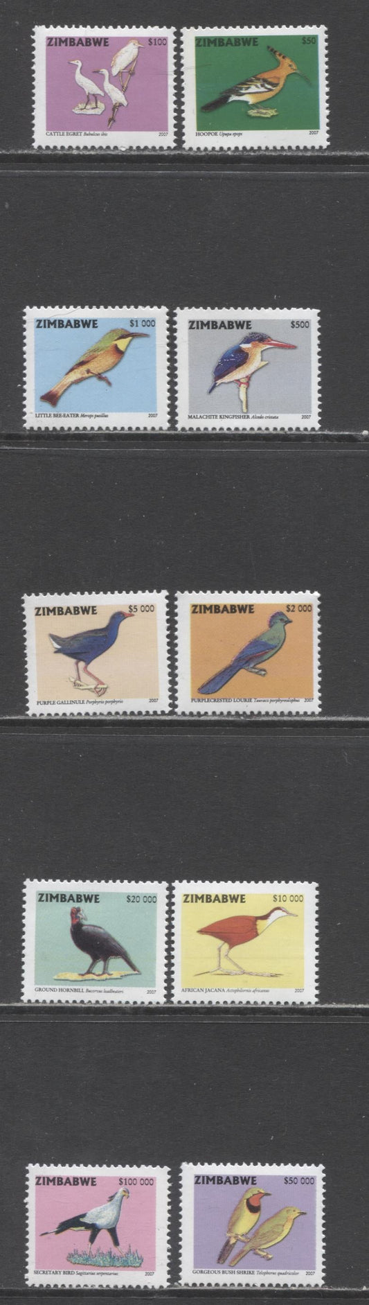 Lot 57 Zimbabwe SC#1034-1043 2007 Bird Definitives, 10 F/VFNH Singles, Click on Listing to See ALL Pictures, 2017 Scott Cat. $65.5