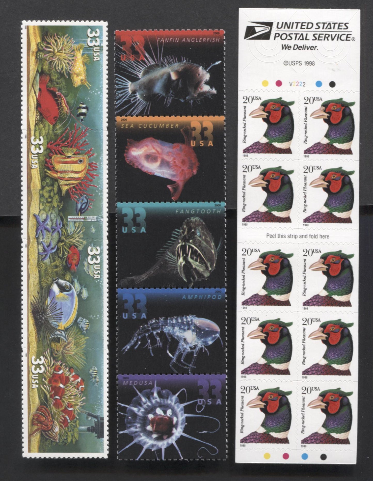 Lot 60 United States SC#3050a/3443a 1996-2000 Ring Necked Pheasant - Deep Sea Creatures Issues, 4 VFNH Strips Of 4, 5, 10 & Souvenir Sheet, Click on Listing to See ALL Pictures, 2017 Scott Cat. $24.85