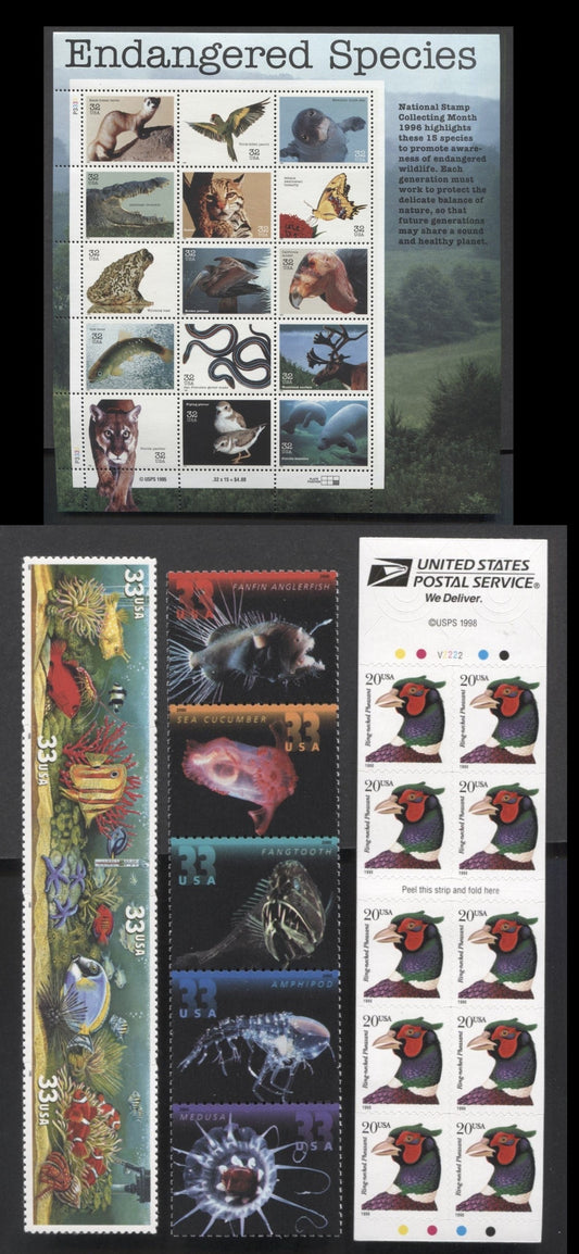 Lot 60 United States SC#3050a/3443a 1996-2000 Ring Necked Pheasant - Deep Sea Creatures Issues, 4 VFNH Strips Of 4, 5, 10 & Souvenir Sheet, Click on Listing to See ALL Pictures, 2017 Scott Cat. $24.85