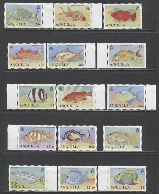 Lot 74 Anguilla SC#792-807 1990 Fish Definitives, 15 VFNH Singles, Click on Listing to See ALL Pictures, 2017 Scott Cat. $38.65