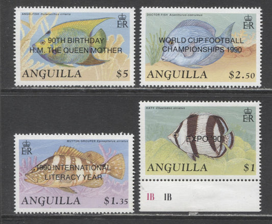 Lot 75 Anguilla SC#821-824 1990 Overprinted Fish Definitives, With Anniversaries & Special Events, 4 VFNH Singles, Click on Listing to See ALL Pictures, 2017 Scott Cat. $22.25