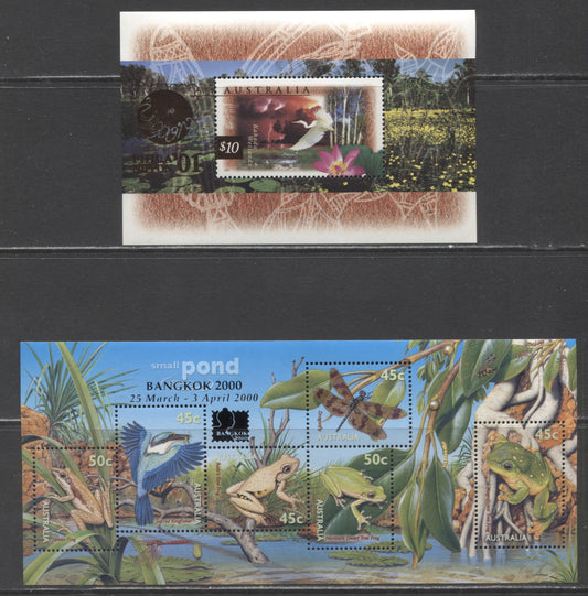 Lot 84 Australia SC#1535d/1790g 1999-2001 Pond Life - Bird Definitives, Phila Nippon & Bangkok Zoo Overprints, 2 VFNH Souvenir Sheets, Click on Listing to See ALL Pictures, 2017 Scott Cat. $29