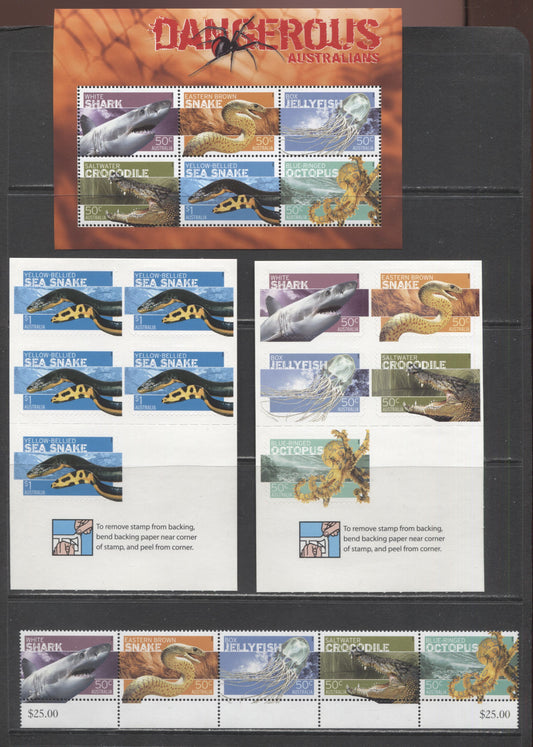 Lot 88 Australia SC#2564a/2571a 2006 Dangerous Australian Wildlife Issue, 4 VFNH Strip Of 5, Souvenir Sheet & Booklet Panes, Click on Listing to See ALL Pictures, 2017 Scott Cat. $29.35