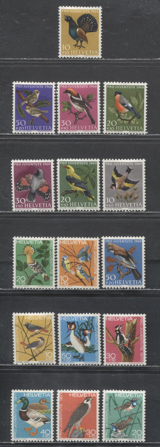 Lot 9 Switzerland SC#B378/B405 1968-1971 Bird Semi Postals, 16 VFOG Singles, Estimated Value $6