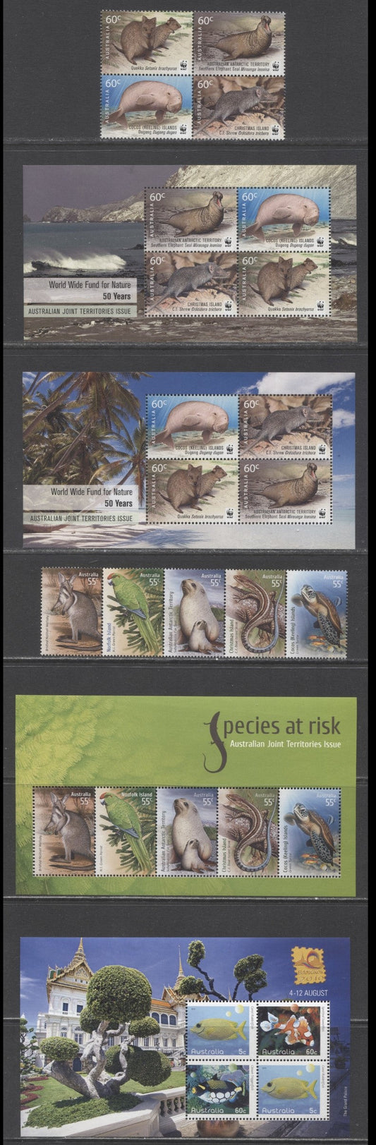 Lot 92 Australia SC#3130a/3564d 2000-2011 Endangered Wildlife - Worldwide Fund For Nature Issues, 6 VFNH Souvenir Sheets, Block & Strip Of 4, Click on Listing to See ALL Pictures, 2017 Scott Cat. $27.9