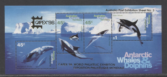 Lot 99 Australian Antarctic Territory SC#L197c 45c-$1 Multicolored 1995 Whales & Dolphins Issue, Capex '96 Overprint, Scarce, A VFNH Souvenir Sheet, Click on Listing to See ALL Pictures, 2017 Scott Cat. $40