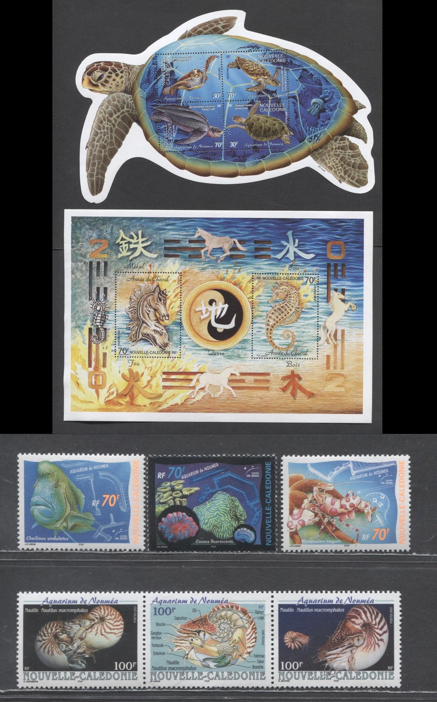 Lot 125 New Caledonia SC#849/899 2000-2002 Noumea Aquarium, Year Of The Horse & Turtles Issues, 6 VFNH Singles & Souvenir Sheets, Click on Listing to See ALL Pictures, 2017 Scott Cat. $20.25