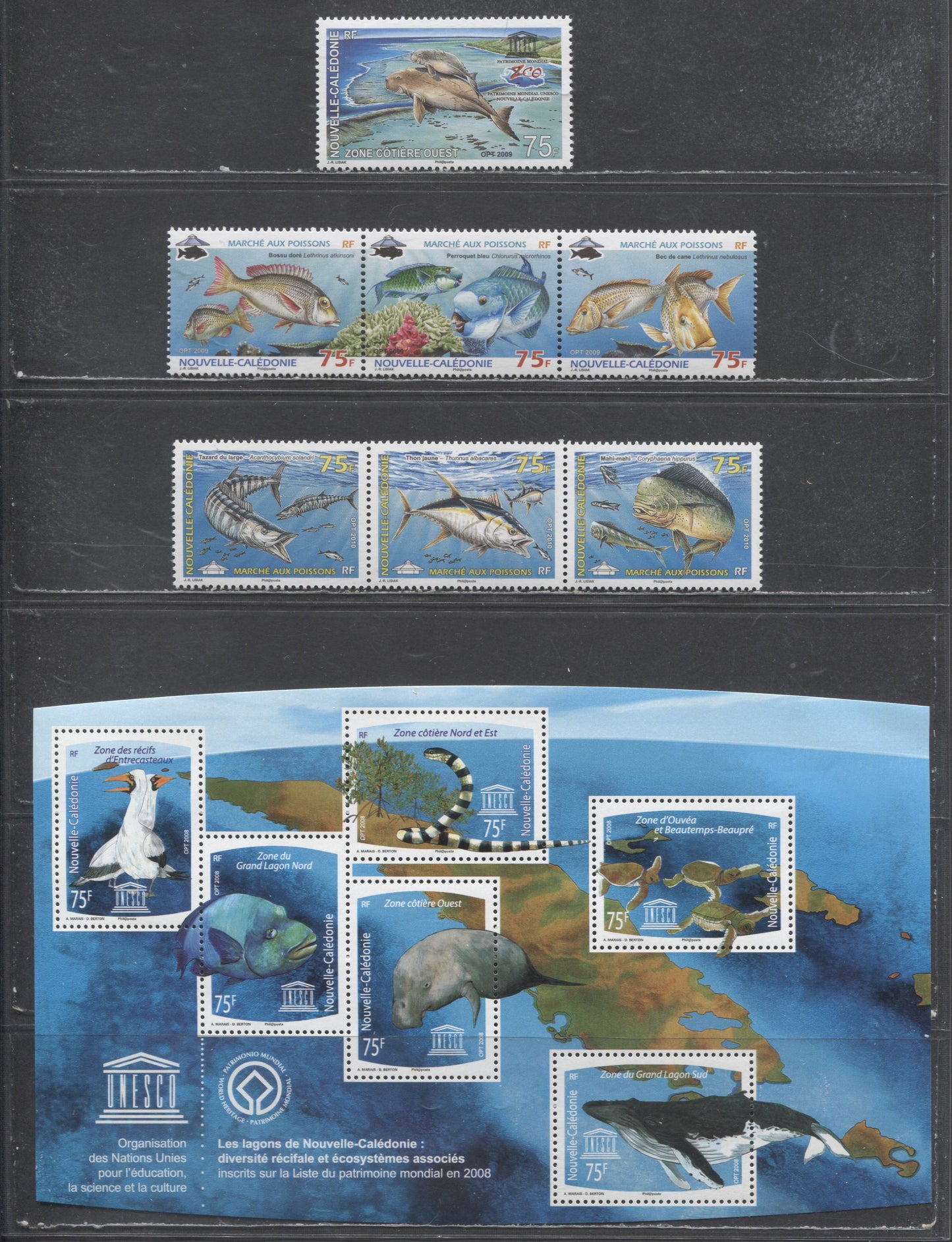 Lot 131 New Caledonia SC#1062/1088 2008-2010 UNESCO & Fish Issues, 4 VFNH Single, Strips Of 3 & Souvenir Sheet, Click on Listing to See ALL Pictures, 2017 Scott Cat. $22.65