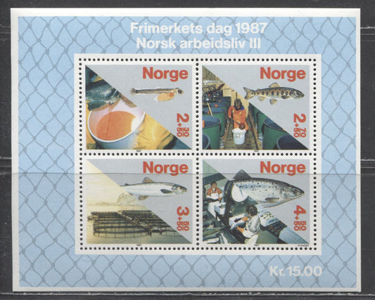 Lot 136 Norway SC#B70 2.30kr+2.5kr-, 2.50kr+2.70kr, 3.50kr+3.50kr & 4.50kr+4.50kr Multicolored 1987 Salmon Industry Issue, A VFNH Souvenir Sheet, Click on Listing to See ALL Pictures, 2017 Scott Cat. $13