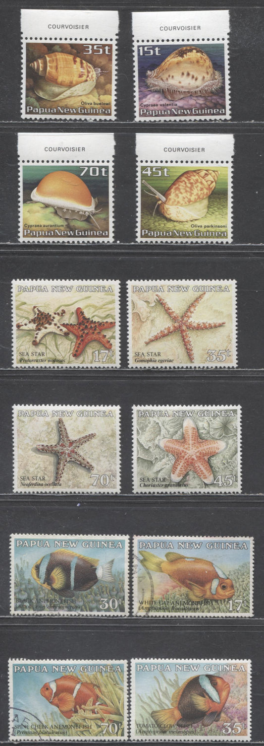 Lot 146 Papua New Guinea SC#636/685 1986-1987 Conch Shells, Fish & Starfish Issues, 11 VFNH, OG & Used Singles, Click on Listing to See ALL Pictures, 2017 Scott Cat. $18.05