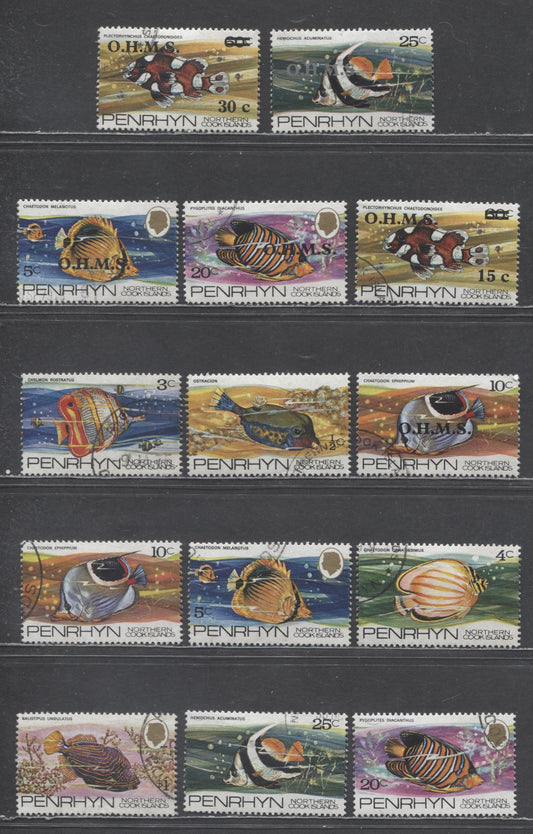 Lot 147 Penrhyn Islands SC#50/O12 1974-1978 Fish - Overprinted Fish Issues, 14 Very Fine Used Singles, 2017 Scott Cat. $5.1