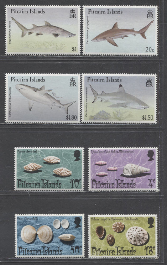 Lot 149 Pitcairn Islands SC#137/370 1974-1992 Shells & Shark Issues, 8 VFNH Singles, 2017 Scott Cat. $18.65