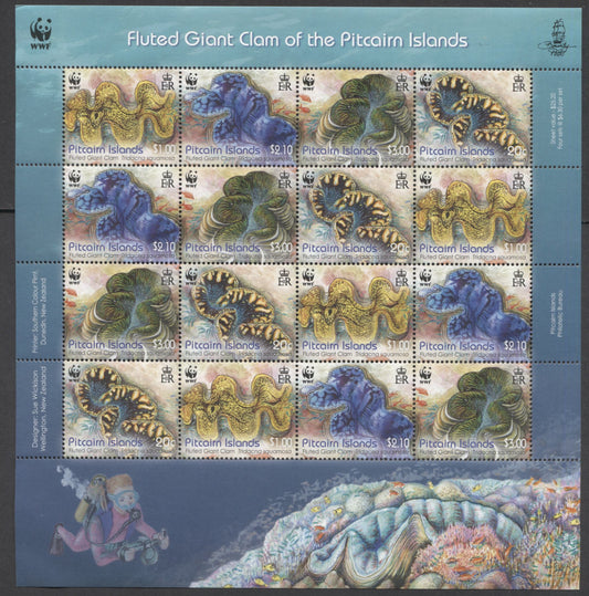 Lot 160 Pitcairn Islands SC#743e 20c-$3 Multicolored 2012 Fluted Clam Issue, A VFNH Sheet Of 16, Click on Listing to See ALL Pictures, 2017 Scott Cat. $40