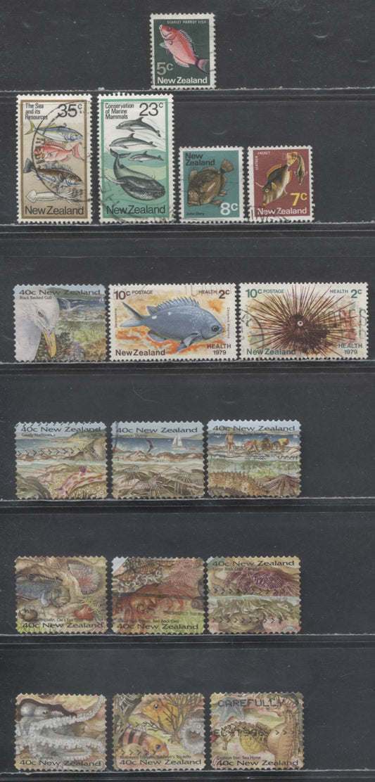 Lot 178 New Zealand SC#538/B104 1973-1996 Pictorials, Sea Resources, Seashore & Health Issues, 17 Very Fine Used Singles, Click on Listing to See ALL Pictures, 2017 Scott Cat. $17.05