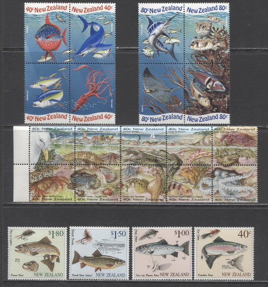 Lot 179 New Zealand SC#1344a/1546a 1996-1998 Seashore, Fly Fishing & Marine Life Issues, 7 VFNH Singles, Blocks Of 4 & Pane Of 10, Click on Listing to See ALL Pictures, 2017 Scott Cat. $20.1
