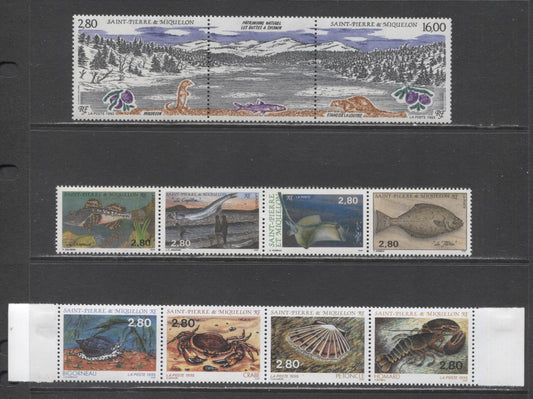 Lot 185 St Pierre & Miquelon SC#592/616 1993-1995 Fish, Natural Heritage & Shellfish Issues, 3 VFNH & OG Strips Of 4 & Gutter Pair, Click on Listing to See ALL Pictures, 2017 Scott Cat. $21