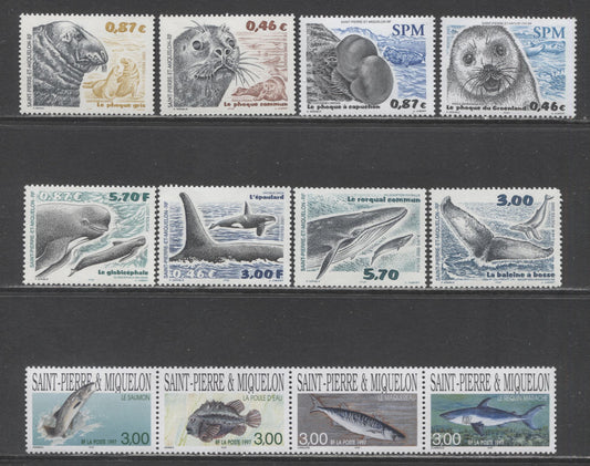 Lot 186 St Pierre & Miquelon SC#639/749 1997-2002 Fish, Whales & Pinniped Issues, 9 VFNH Singles & Strip Of 4, Click on Listing to See ALL Pictures, 2017 Scott Cat. $20.35