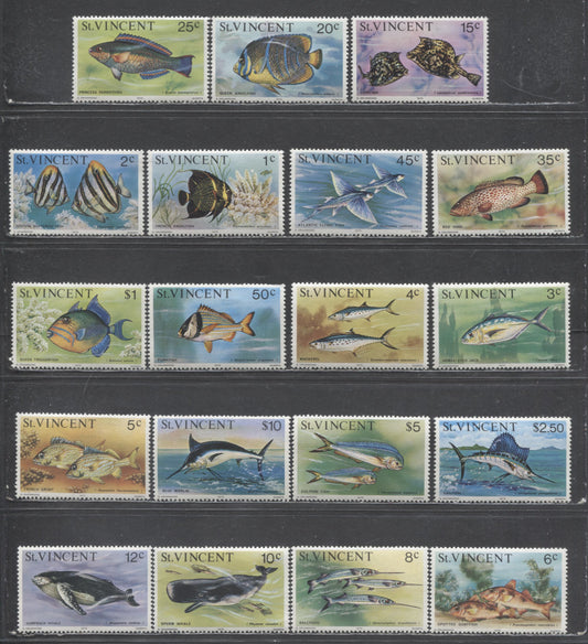 Lot 188 St Vincent SC#407-425 1975 Fish & Whales Issue, 19 VFOG Singles, Click on Listing to See ALL Pictures, 2017 Scott Cat. $28.45