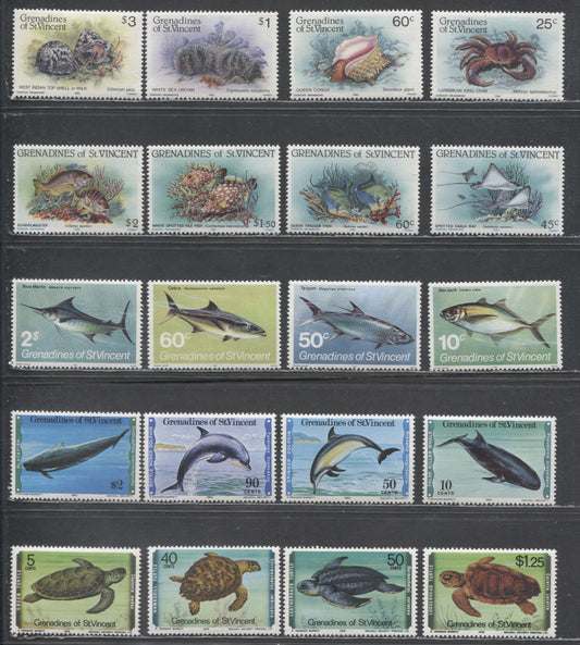 Lot 195 St Vincent Grenadines SC#157-475 1978-1985 Turtles, Solphins & Whales, Fish & Shellfish Issues, 20 VFOG Singles, Click on Listing to See ALL Pictures, 2017 Scott Cat. $14.85