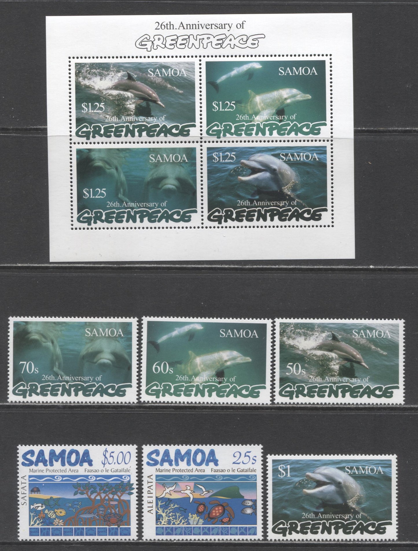 Lot 197 Samoa SC#943/1034 1997-2003 Greenpeace 26th Anniversary - Marine Protection Issues, 7 VFNH Singles, Click on Listing to See ALL Pictures, 2017 Scott Cat. $12.6