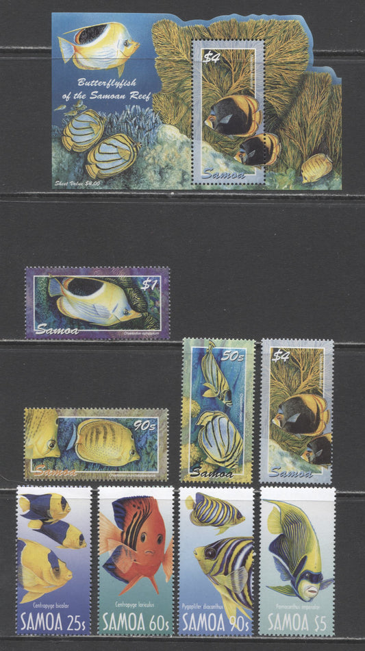 Lot 198 Samoa SC#1045/1061a 2003-2004 Angelfish - Butterfly Fish Issues, 9 VFNH Singles & Souvenir Sheet, Click on Listing to See ALL Pictures, 2017 Scott Cat. $17.5