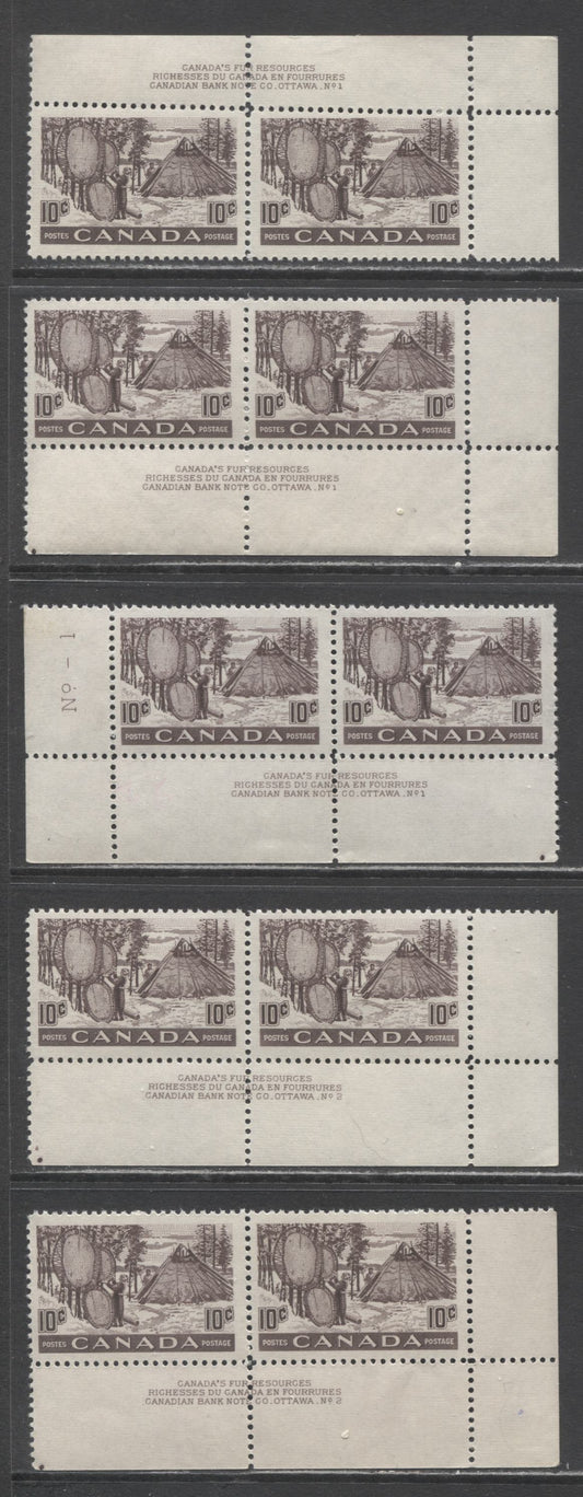 Lot 201 Canada #301 10c Deep Violet Brown Drying Skins, 1950-1955 Natural Resources Definitives, 5 VFNH Plate 1 & 2 Inscription Pairs, Horizontal Ribbed Paper, Yellowish Cream & Cream Gums, Different Shades