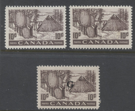 Lot 202 Canada #301,O26 10c Deep Violet Brown Drying Skins, 1950-1955 Natural Resources Definitives, 3 VFNH Singles, Smooth Paper, Yellowish Cream Gum