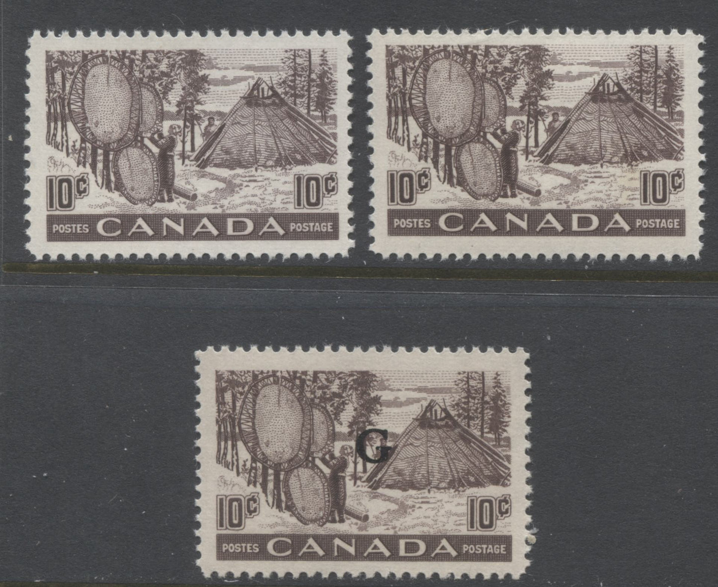 Lot 202 Canada #301,O26 10c Deep Violet Brown Drying Skins, 1950-1955 Natural Resources Definitives, 3 VFNH Singles, Smooth Paper, Yellowish Cream Gum