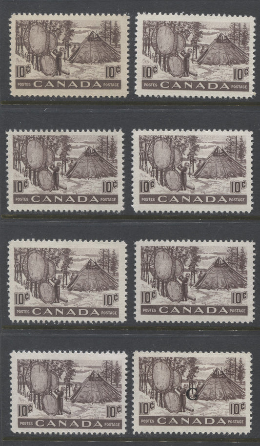 Lot 203 Canada #301,O26 10c Deep Violet Brown Drying Skins, 1950-1955 Natural Resources Definitives, 8 VFNH Singles, Horizontal Ribbed Paper, Various Gum Types