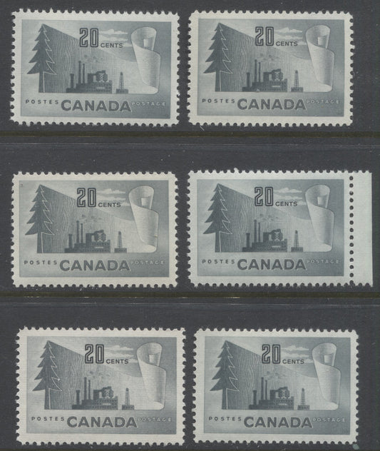 Lot 204 Canada #316 20c Slate Paper Mill, 1952-1956 Industry Definitives, 6 VFNH Singles, Horizontal Ribbed Paper, Bluish Slate & Greyish Slate Shades, Various Perfs
