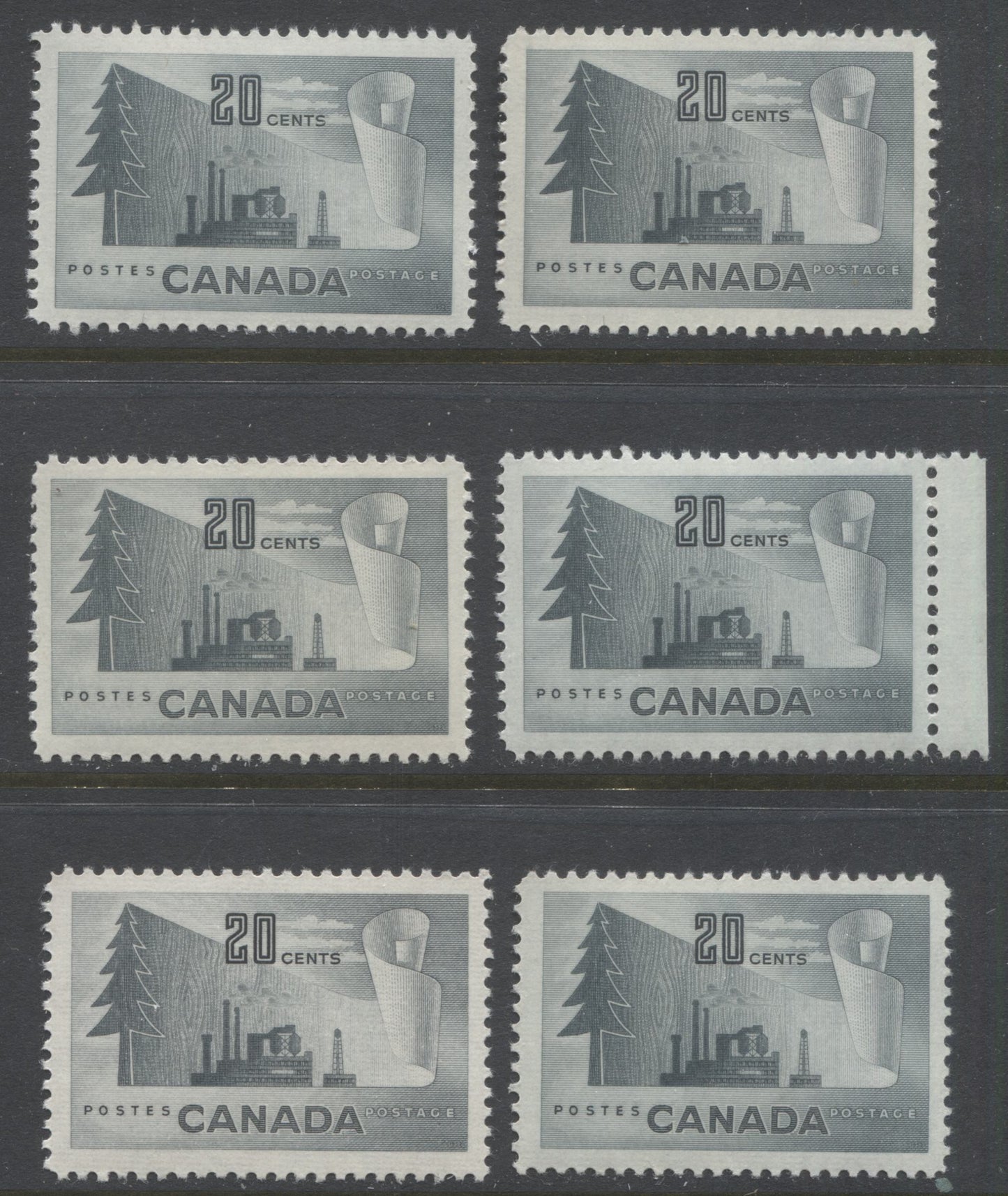 Lot 204 Canada #316 20c Slate Paper Mill, 1952-1956 Industry Definitives, 6 VFNH Singles, Horizontal Ribbed Paper, Bluish Slate & Greyish Slate Shades, Various Perfs