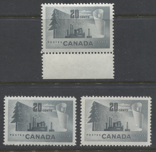 Lot 205 Canada #316 20c Slate Paper Mill, 1952-1956 Industry Definitives, 3 VFNH Singles, Horizontal Ribbed And Smooth Papers, Perf. 11.95 x 12, 12 and 11.9 x 12, Yellowish, Crackly Cream & Yellowish Cream Gums