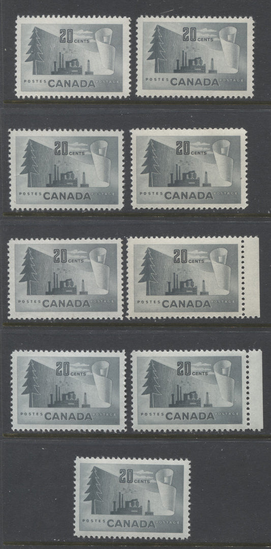 Lot 206 Canada #316 20c Slate Paper Mill, 1952-1956 Industry Definitives, 9 VFNH Singles, Horizontal Ribbed Paper, Various Shades & Gum Types, Various Perfs