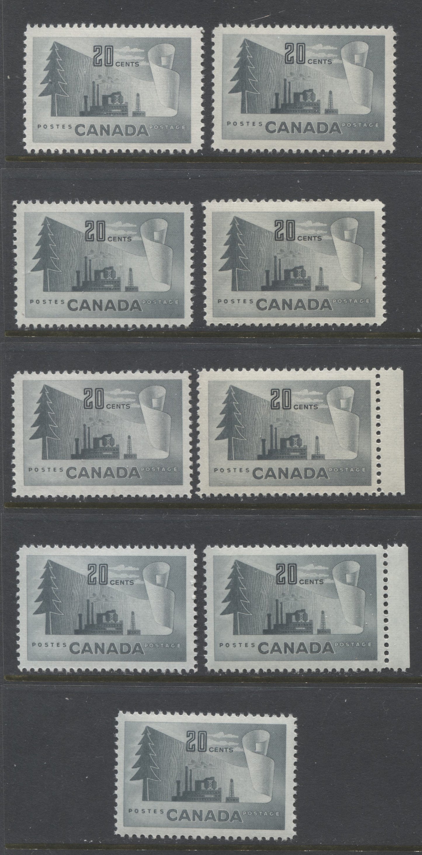 Lot 206 Canada #316 20c Slate Paper Mill, 1952-1956 Industry Definitives, 9 VFNH Singles, Horizontal Ribbed Paper, Various Shades & Gum Types, Various Perfs