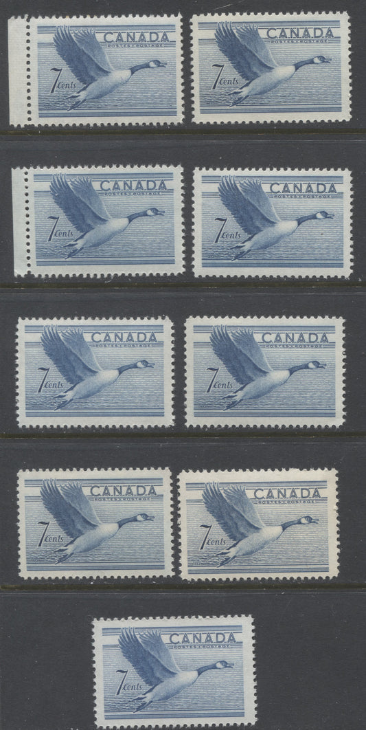 Lot 212 Canada #320 7c Steel Blue Canada Goose, 1952-1962 Karsh & Wilding Issue, 9 VFNH Singles, Smooth & Horiziontally Ribbed Papers, Various Shades, Various Perfs