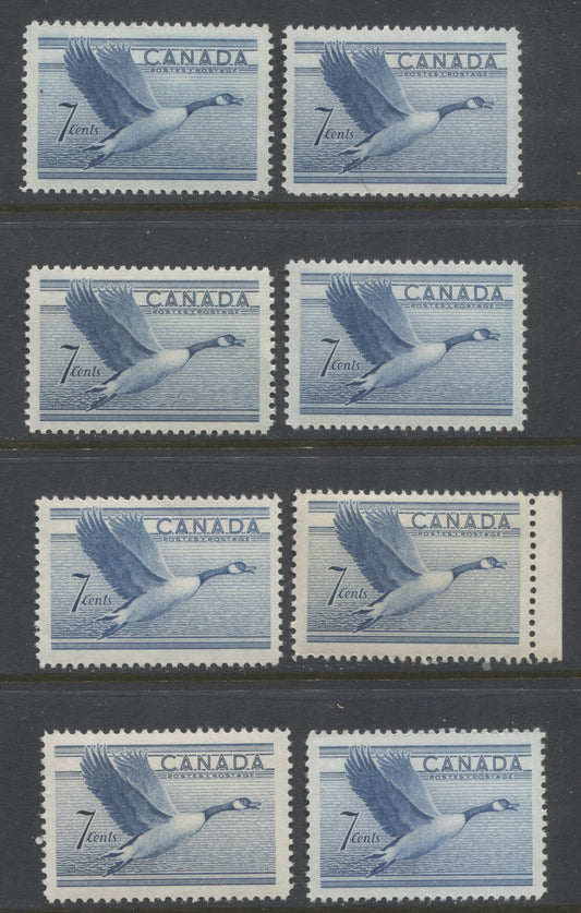 Lot 213 Canada #320 7c Steel Blue Canada Goose, 1952-1962 Karsh & Wilding Issue, 8 VFNH Singles, Smooth & Horiziontally Ribbed Papers, Various Shades, Various Perfs