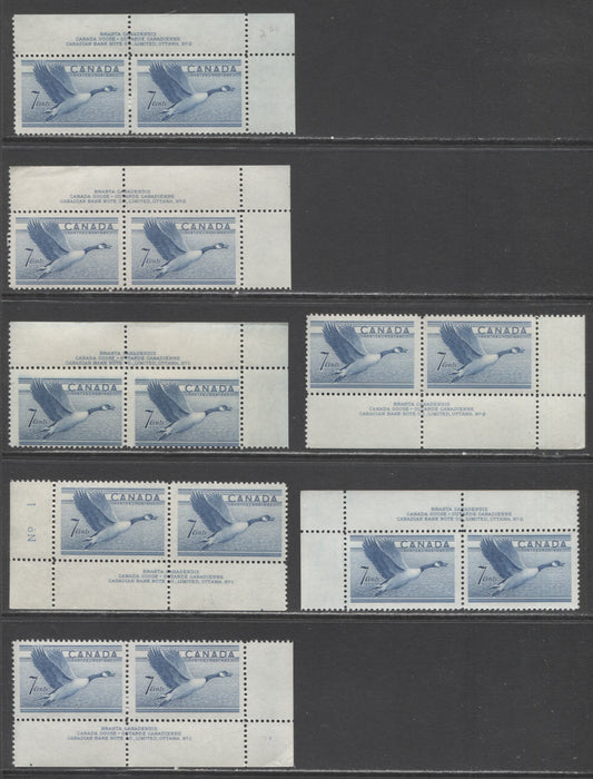 Lot 214 Canada #320 7c Steel Blue Canada Goose, 1952-1962 Karsh & Wilding Issue, 7 FNH Plate 1 & 2 Inscription Pairs, Smooth & Horiziontally Ribbed Papers, Various Gum Types