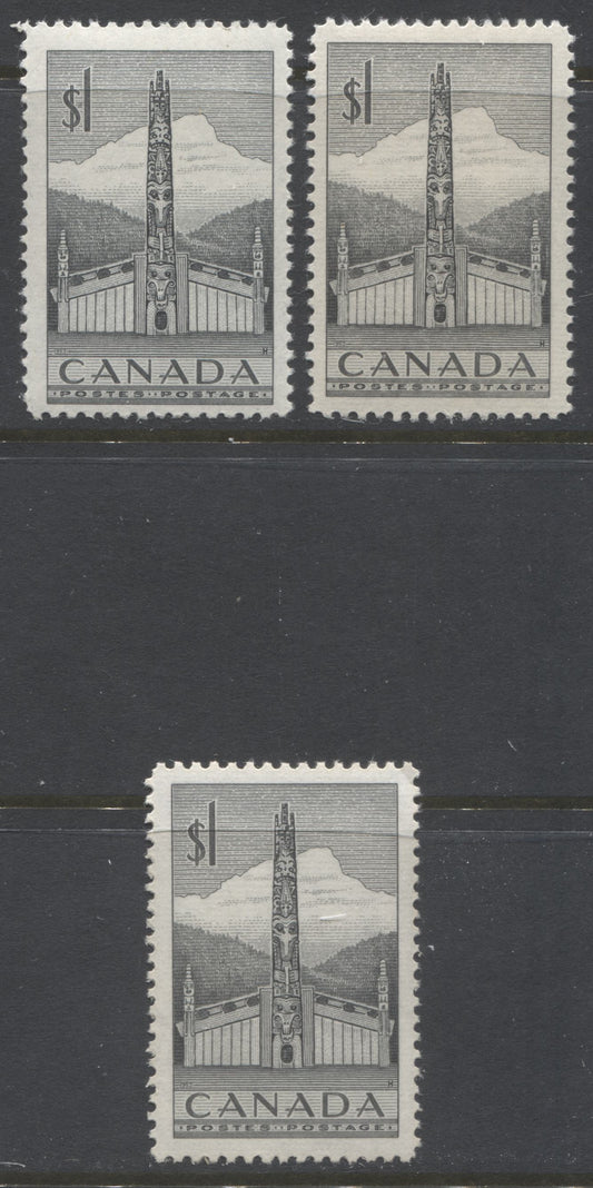 Lot 221 Canada #321 1 Deep Grey Pacific Coast Totem Pole, 1953-1963 Karsh & Wilding Issue, 3 FNH & VFNH Singles, Horizontally Ribbed Paper, Grey Black & Slate Shades, Perf. 12 & 12 x 11.9