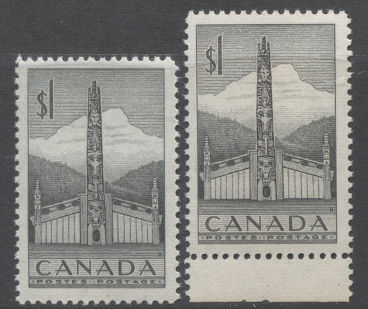 Lot 222 Canada #321 1 Deep Grey Pacific Coast Totem Pole, 1953-1963 Karsh & Wilding Issue, 2 VFNH Singles, Grey Shade, DF Ribbed Paper, Satin Cream Gum, Perf. 11.9 x 11.95 & 12 x 11.95