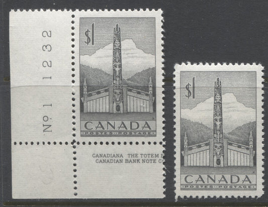 Lot 223 Canada #321 1 Deep Grey Pacific Coast Totem Pole, 1953-1963 Karsh & Wilding Issue, 2 VFNH Singles, Grey Black Shade, Horizontal Ribbed Paper, Perf 12 x 11.9, Streaky & Smooth Gums