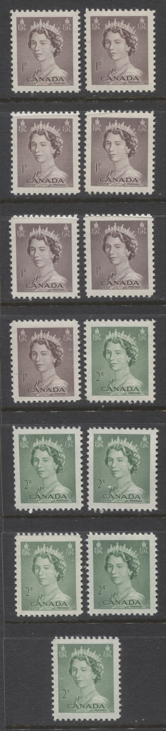 Lot 230 Canada #325-326 1c-2c Violet Brown & Pale Green Queen Elizabeth II, 1953-1954 Karsh Issue, 13 VFNH Singles, Various Shades, Many Different Perfs