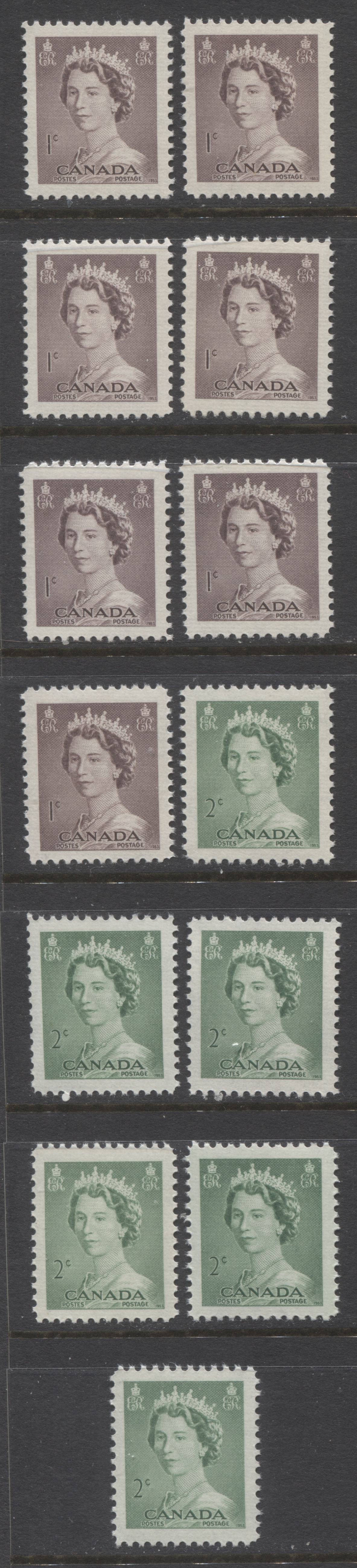 Lot 230 Canada #325-326 1c-2c Violet Brown & Pale Green Queen Elizabeth II, 1953-1954 Karsh Issue, 13 VFNH Singles, Various Shades, Many Different Perfs