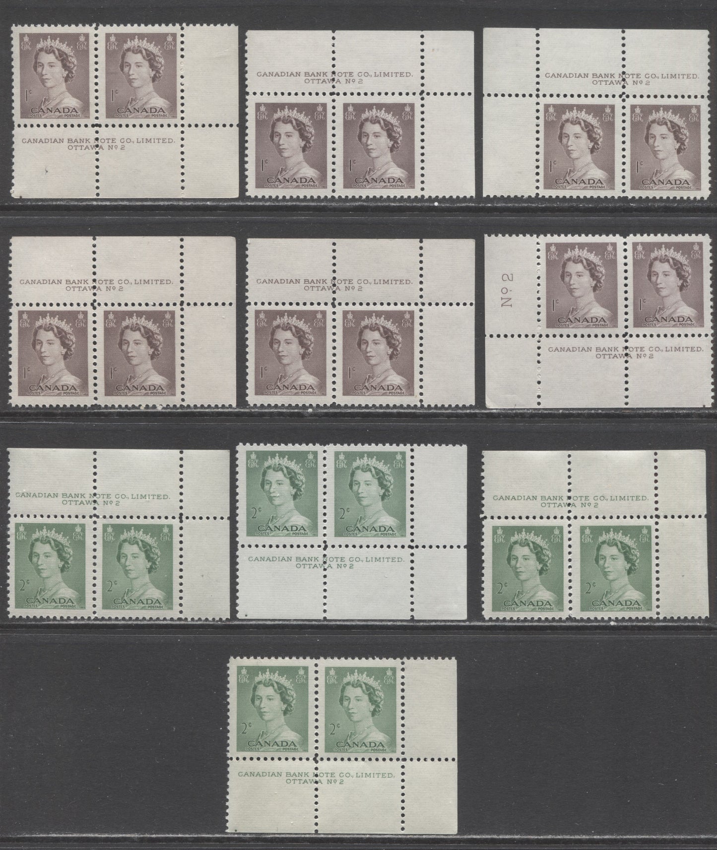 Lot 233 Canada #325-326 1c-2c Violet Brown & Pale Green Queen Elizabeth II, 1953-1954 Karsh Issue, 10 VFNH Plate 2 Inscription Pairs, Different Perfs