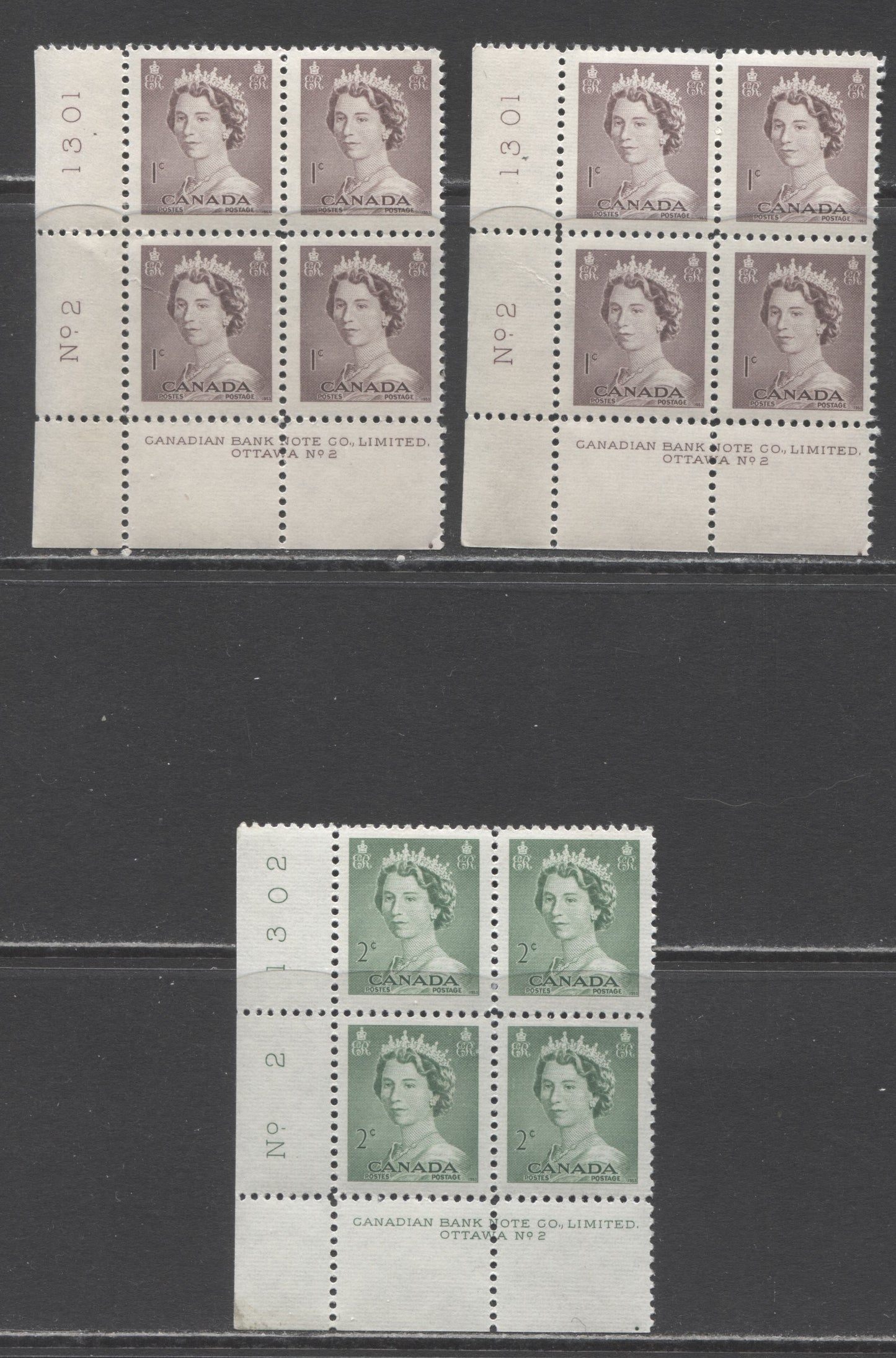 Lot 234 Canada #325-326 1c-2c Violet Brown & Pale Green Queen Elizabeth II, 1953-1954 Karsh Issue, 3 VFNH LL Plate 2 Inscription Blocks, Different Perfs