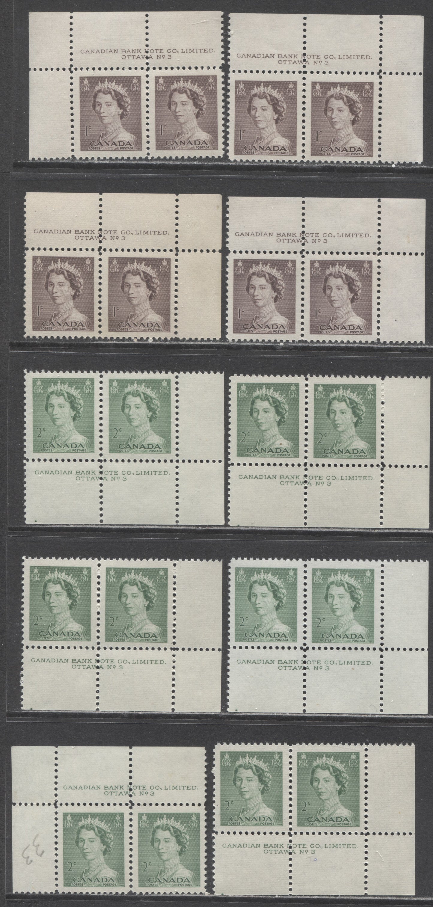 Lot 235 Canada #325-326 1c-2c Violet Brown & Pale Green Queen Elizabeth II, 1953-1954 Karsh Issue, 10 VFNH Plate 3 Inscription Pairs, Various Shades, Different Perfs