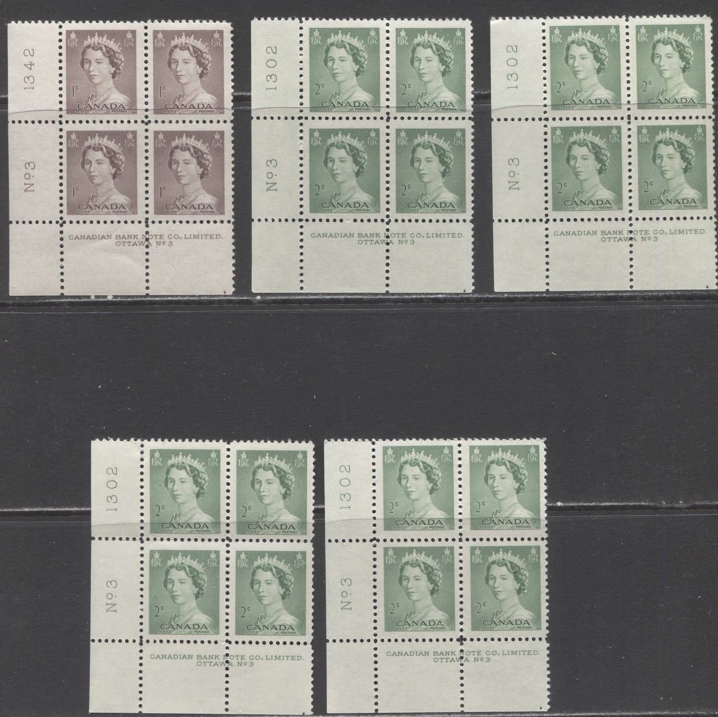 Lot 236 Canada #325-326 1c-2c Violet Brown & Pale Green Queen Elizabeth II, 1953-1954 Karsh Issue, 5 VFNH LL Plate 3 Inscription Blocks, Different Perfs