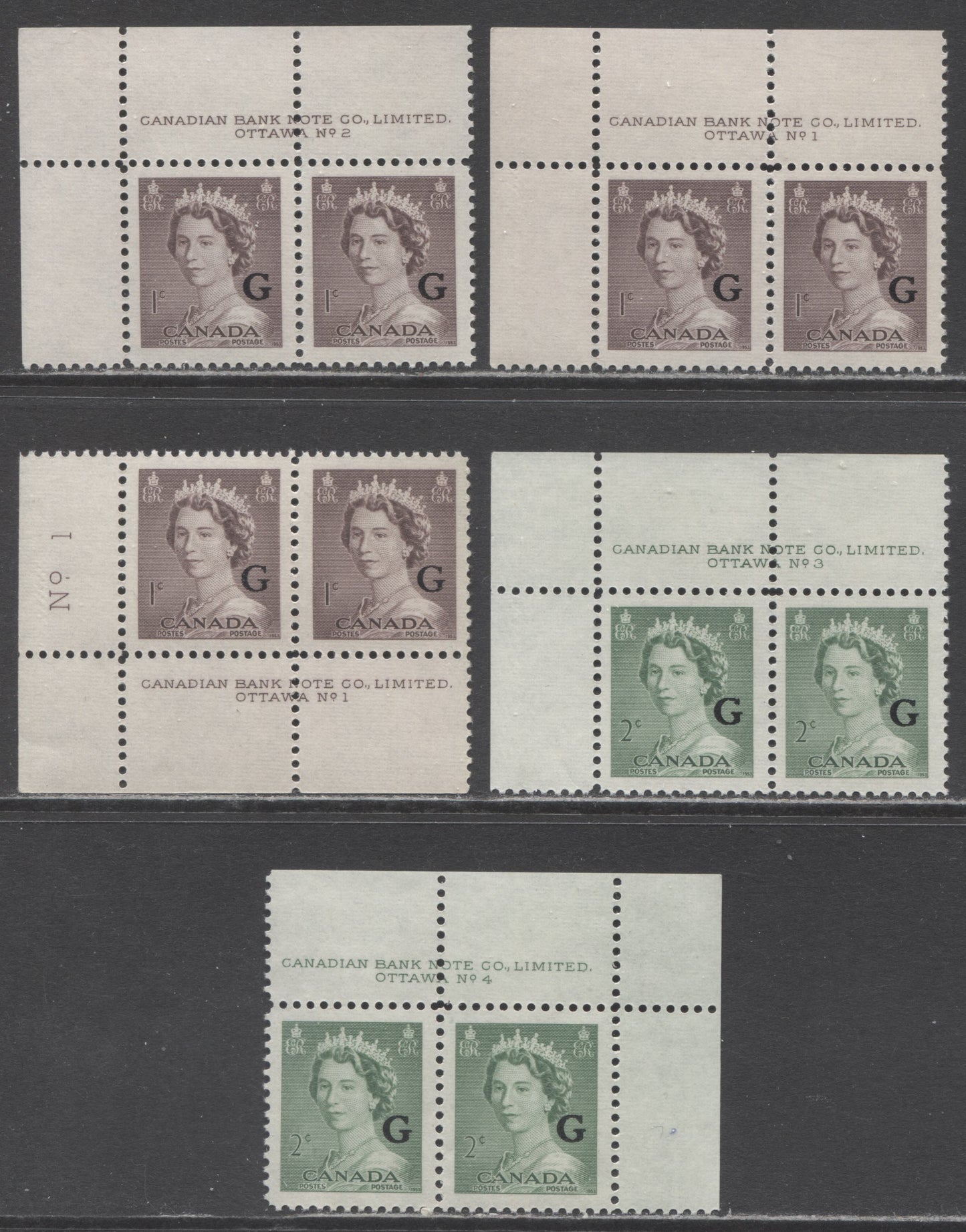 Lot 238 Canada #O33-O34 1c-2c Violet Brown & Pale Green Queen Elizabeth II, 1953-1954 Karsh Issue, 5 VFNH Plate 1-4 Inscription Pairs, Different Perfs