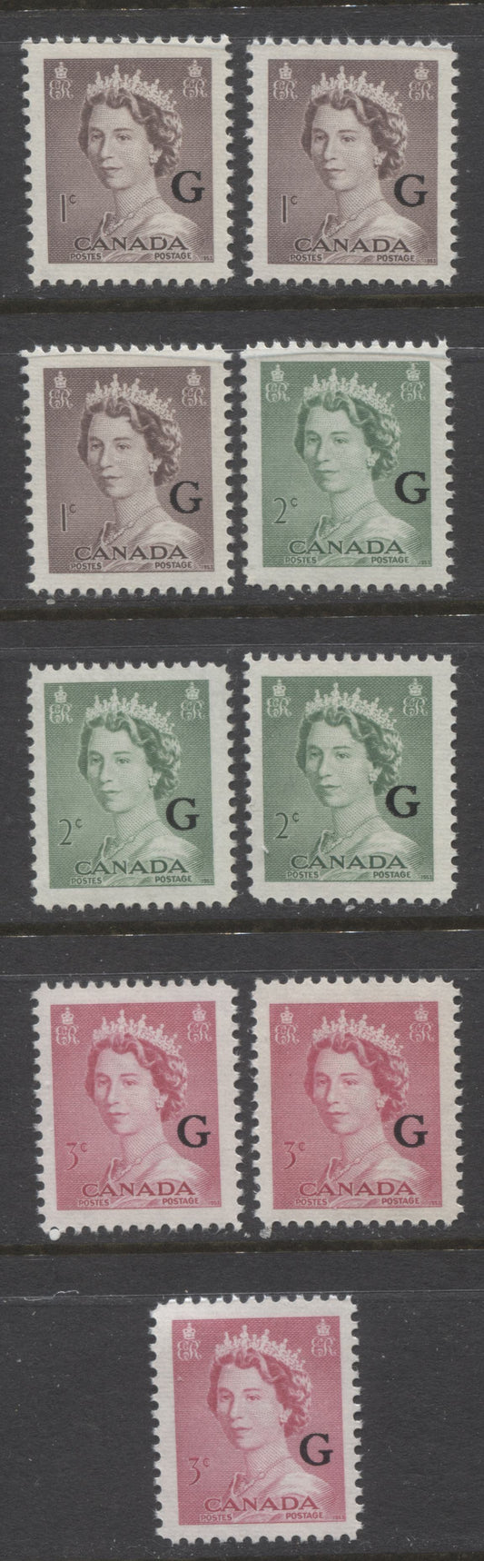 Lot 240 Canada #O33-O35 1c-3c Violet Brown, Pale Green, & Cerise Queen Elizabeth II, 1953-1954 Karsh Issue, 9 VFNH Singles, Different Perfs